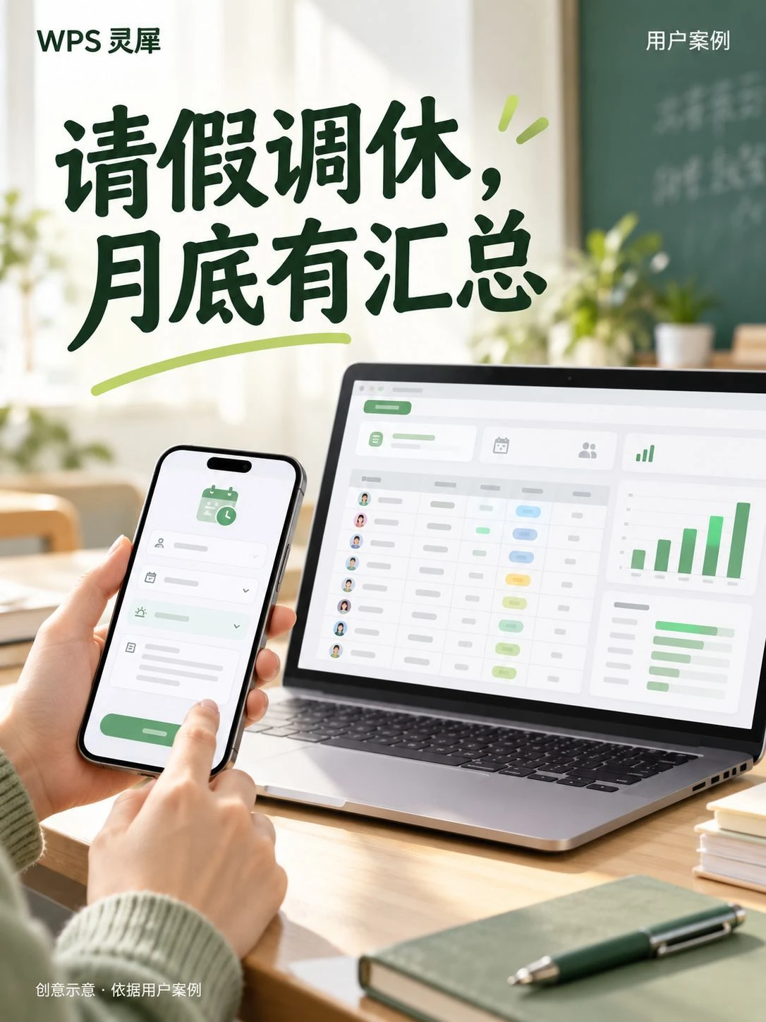 用WPS灵犀搭一个在线请假调休条，老师们扫码填，月底自动汇总